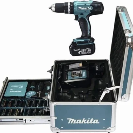 MAKITA Percussion Drill Driver DHP453RFX2 mit 2 Akkus 18V 3Ah Li-Ion, Aluminiumgehäuse und 96 Zubehörteilen