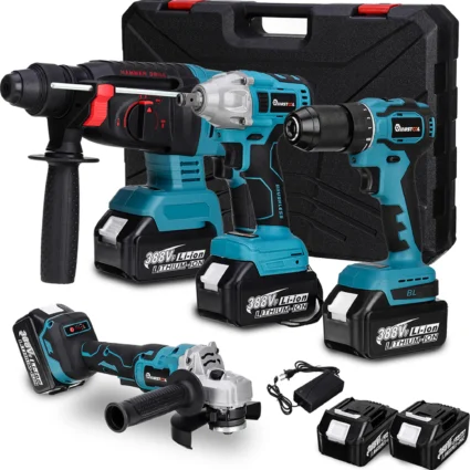 4 IN 1 Multi Elektrowerkzeugsatz Bürstenlose 125mm Winkelschleifer + Bohrmaschine + Hammer, inkl. 2 Akkus